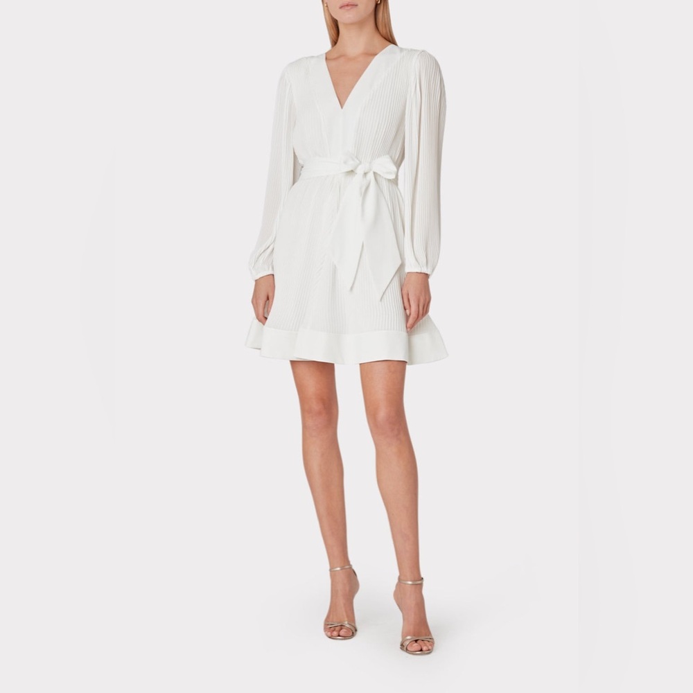 NWOT Milly Liv Long-Sleeve V-Neck Pleated Belted Mini Dress - Picture 3 of 16